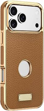 Genuine Leather Case for iPhone 17 Pro Max/17 Pro/17 Air/17, Magnetic Cover Luxury Plating Slim Logo View Business Style Shell,Brown,17 Pro Max