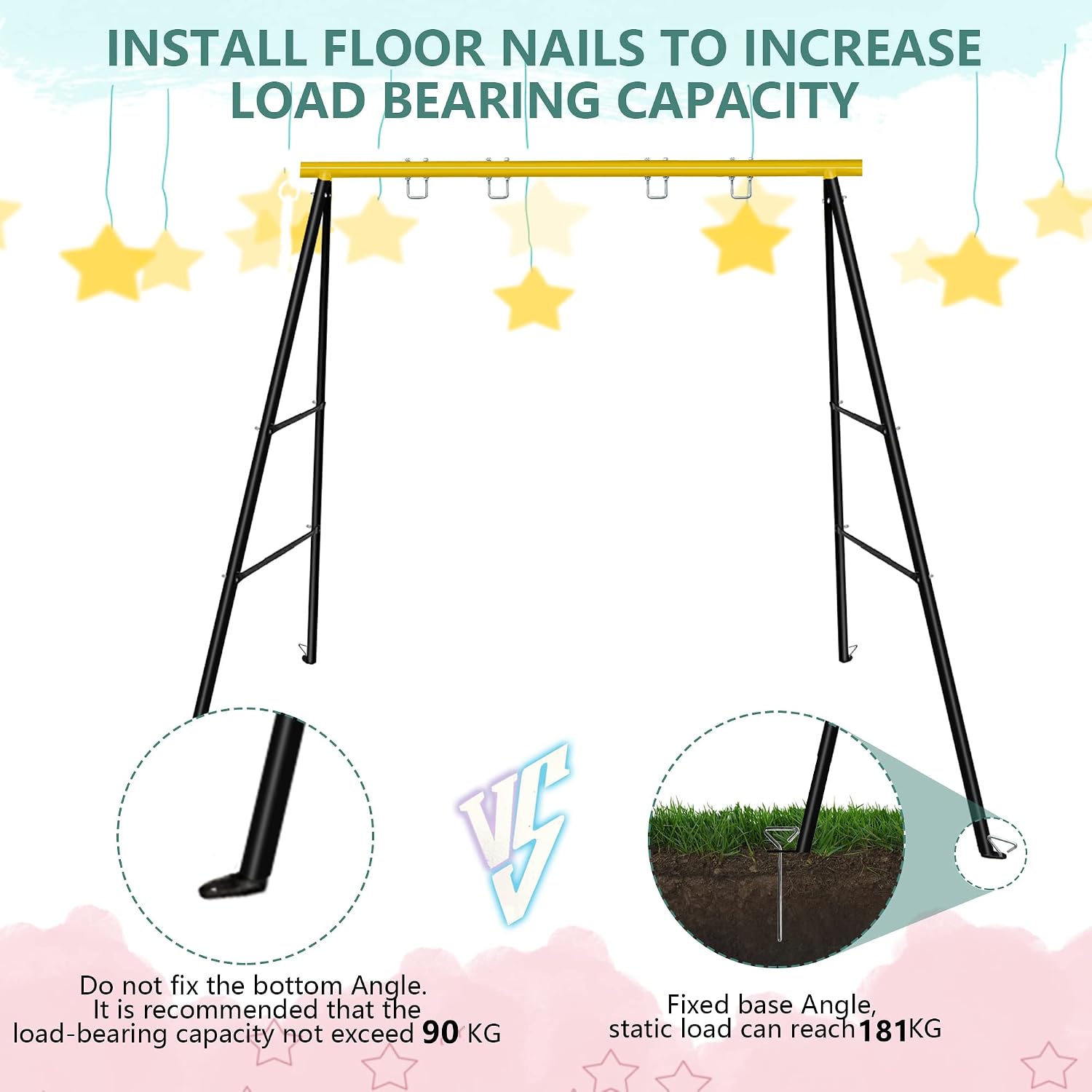 SURPCOS Swing Frame, Swing Stand Iron Pipe Casing Reinforcement, A-Frame Swing Stand with Ground Nail, Heavy Duty Metal Swing Frame, Fits for Most Swings & Saucer Swing,72" Height 36" Length