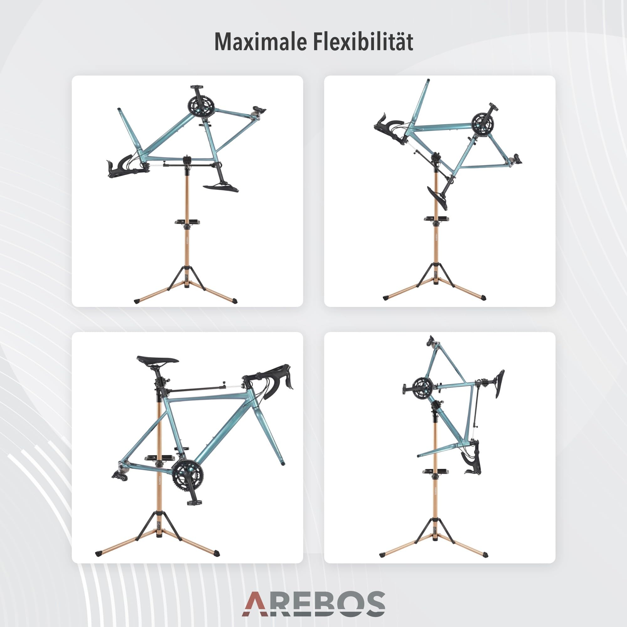 Arebos Fahrrad-Montageständer aus Aluminium – Profi Reparaturständer für E-Bike, Mountainbike & Fahrrad, 360° drehbar, mit Tasche und Schnellspannvorrichtung Champagner