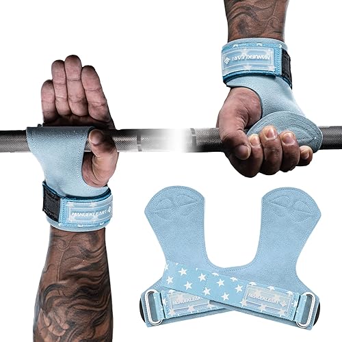 MANUEKLEAR - Correas de gimnasio para levantamiento de pesas, correas dobles de cuero para levantamiento de pesas para hombres, con correa de muñeca