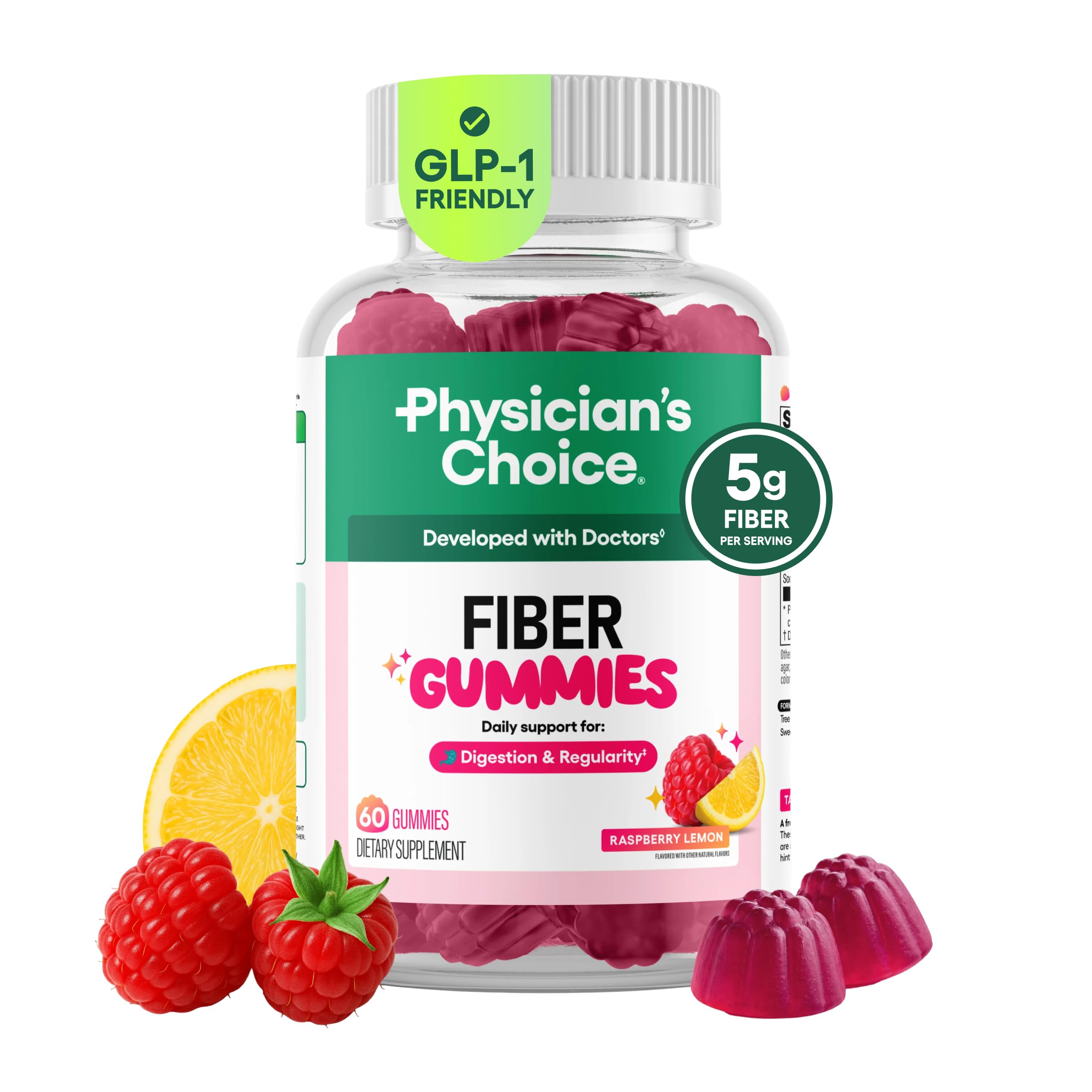 Physician's CHOICE Fiber Gummies for GLP-1 Support - No Sugar Added & Vegan - Raspberry Lemon - Natural Chicory Root Prebioti