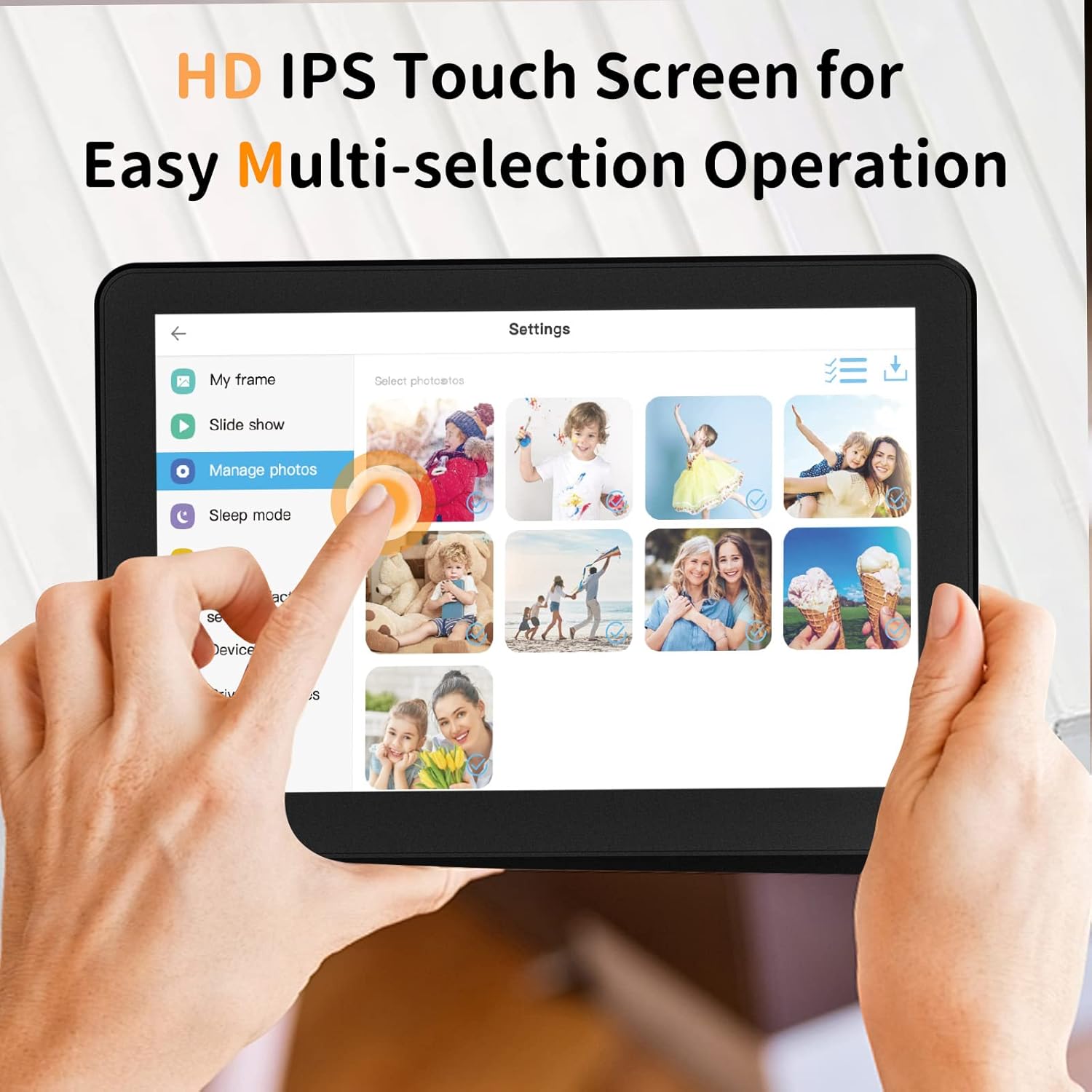 Hands interacting with the HD IPS touchscreen of the CAMKORY WF102 Digital Photo Frame, demonstrating multi-selection operation.