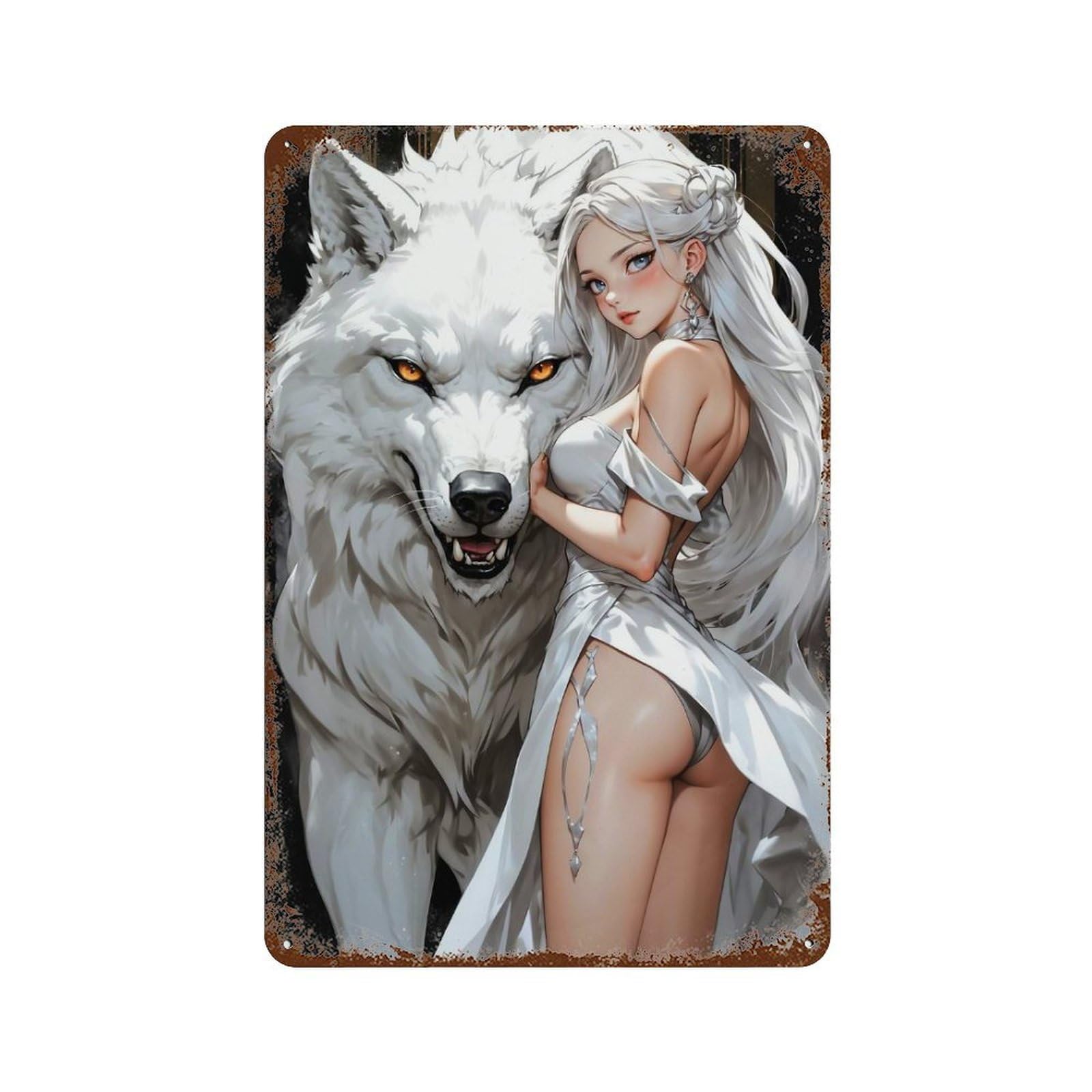 And Wild Wolf Girl Vintage Wall Sign 11.8"x7.9", Rust Effect Metal Decor for Garage, Bar And Workshop Decor