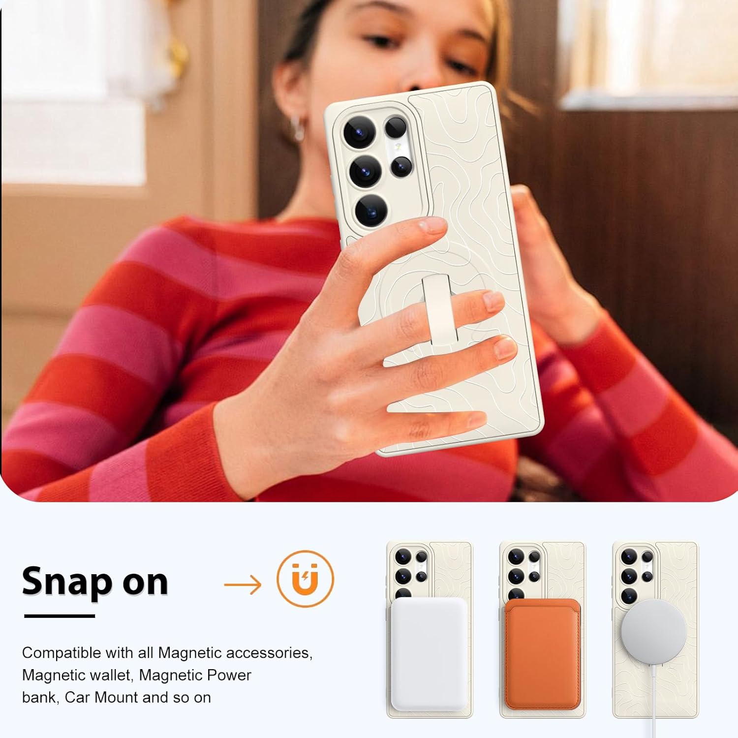 MZELQ for Samsung Galaxy S25 Ultra Case, Silicone Wave Ripple Cute Pattern, Support for MagSafe, Kickstand Wristband Camera Protection Soft Slim Phone Case for Girls Women -White