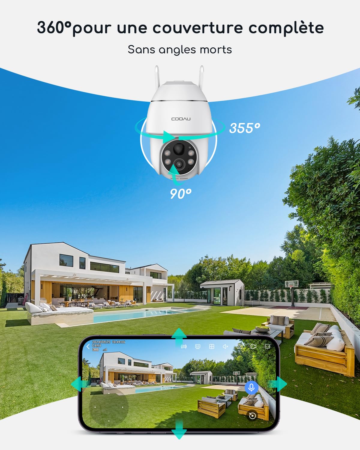 COOAU 4MP Camera Surveillance WiFi exterieure sans Fil - 365 Jours avec Panneau Solaire - Base + 2 Caméras - 2.5K | 64 Go Stockage Local | 360° Panoramique | 4 LED | Cryptage des données