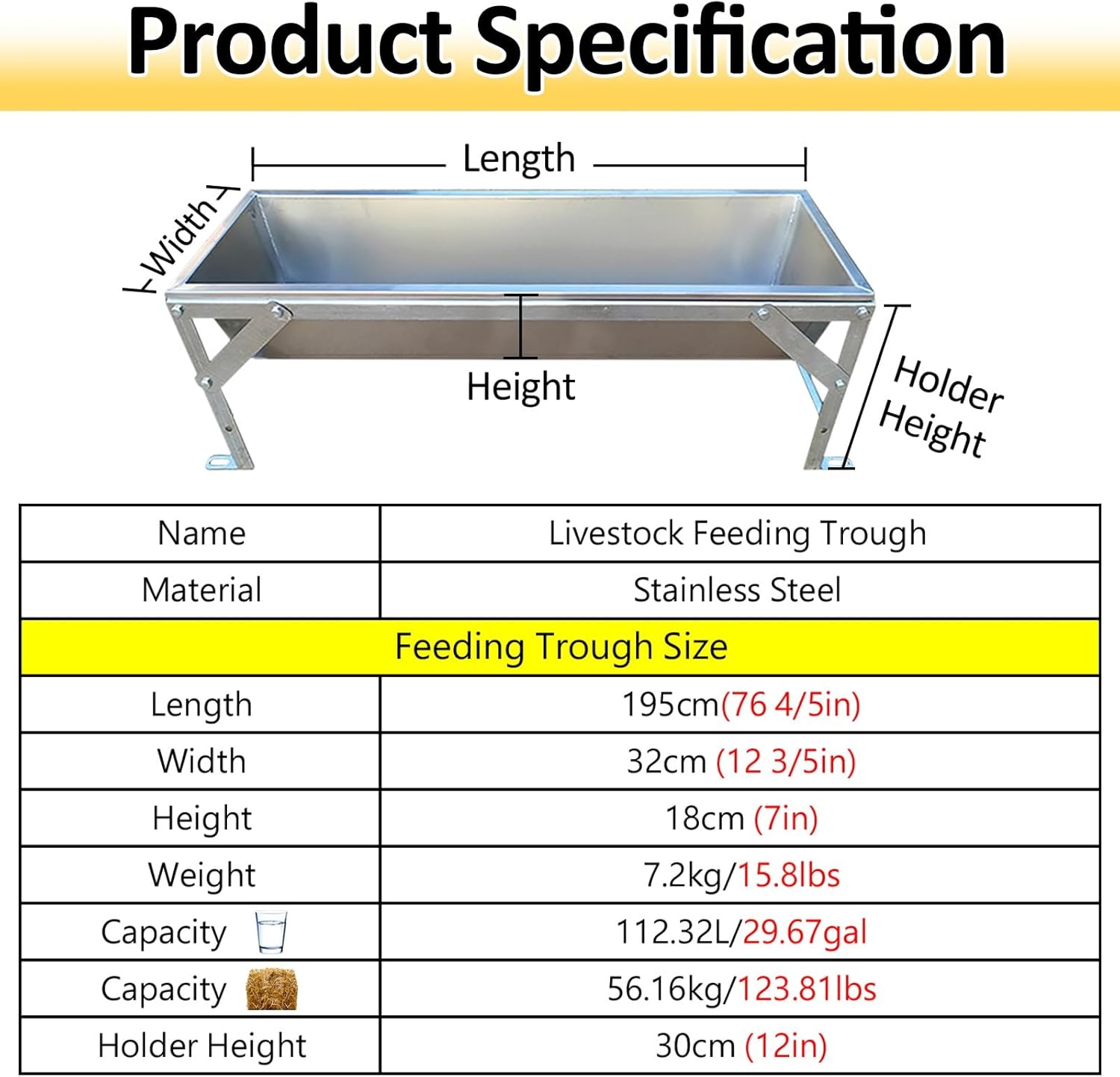 SRNSAEB Commercial Home Use Poultry Feeding Equipment, 19" 39" 76" Large Livestock Feed Trough for Cat/Dog/Sheep/Pig/Duck, Heavy Duty Water & Hay/Food Feeder(L 195cm(76 4/5in))