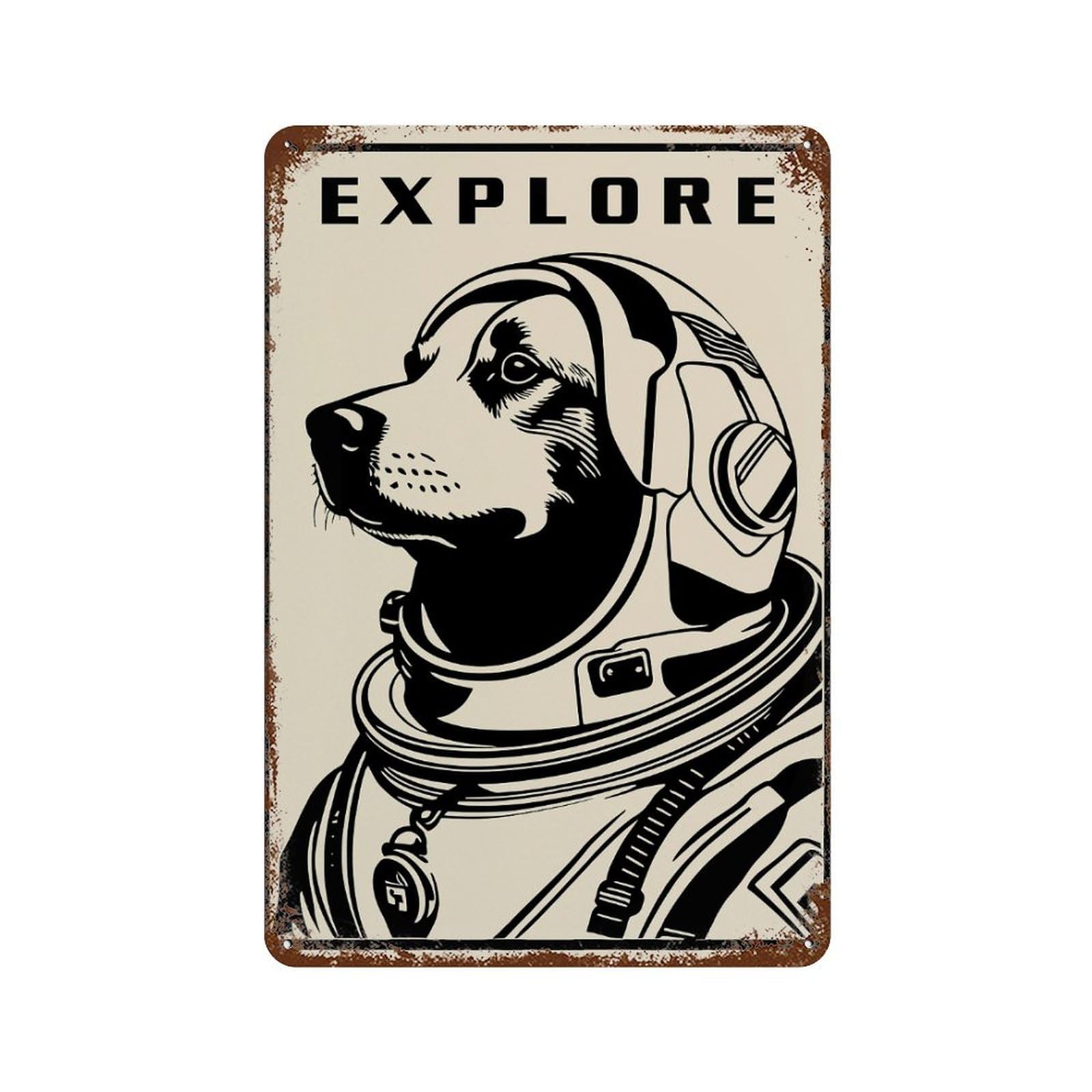 Laika Explorer 11.8"x7.9" Vintage Rust Metal Sign, Novelty Wall Decor for Living Room, Hallway And Home Decor