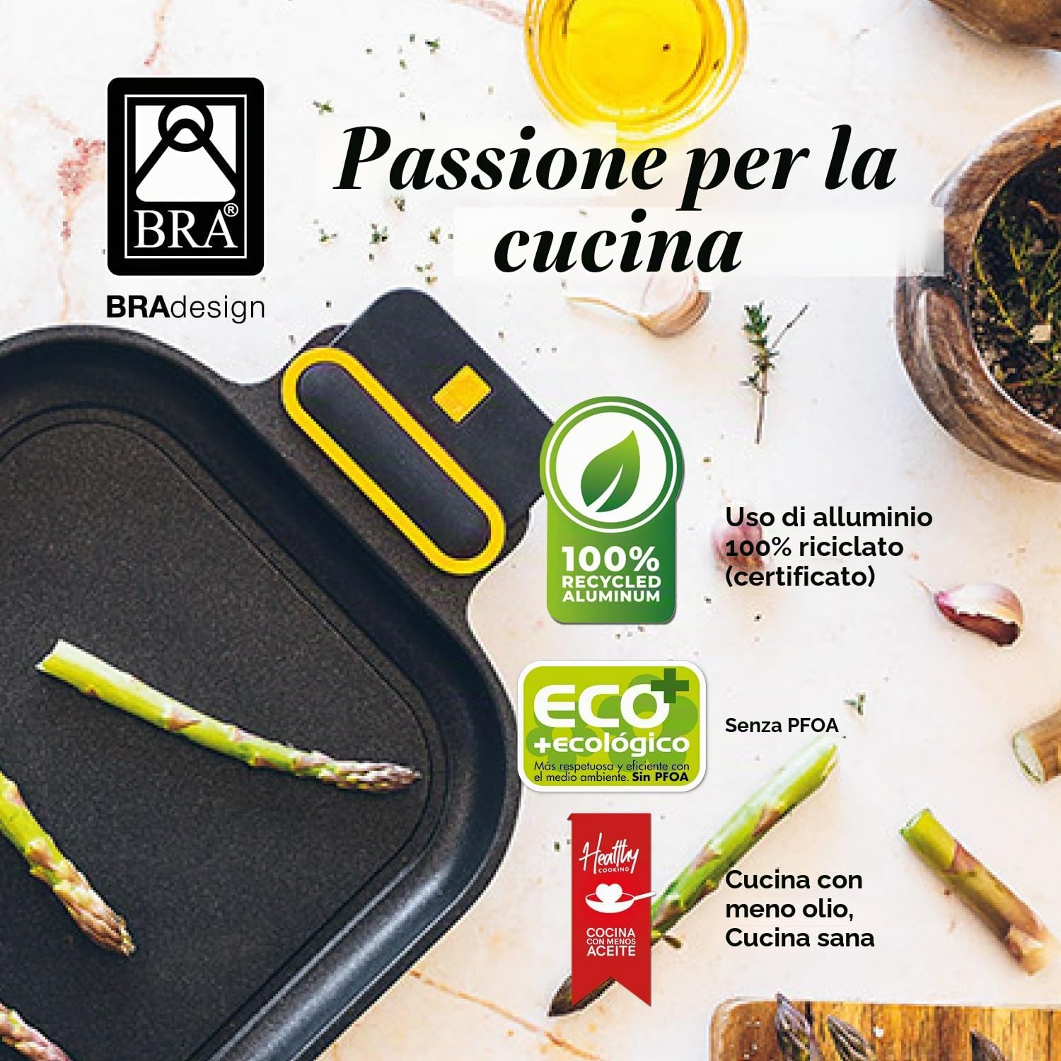 BRA Daily Pro | Casseruola bassa 36 cm, alluminio fuso | Antiaderente Senza PFOA, Adatta a tutti i tipi di piani cottura e induzione, Nero, Giallo