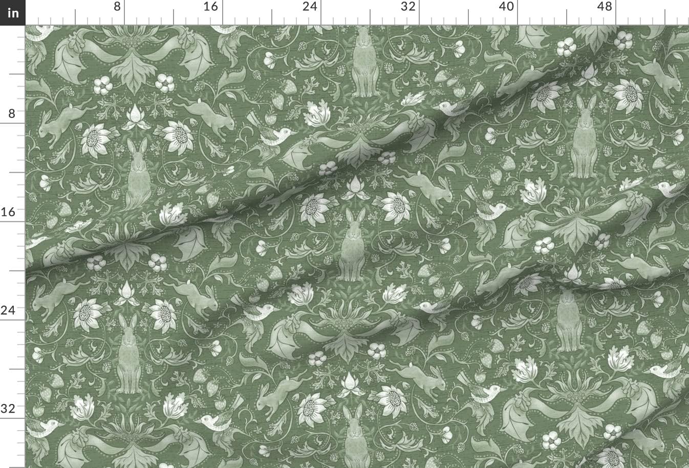 Spoonflower Fabric - Sage Woodland Damask Rabbits Flowers Birds Victorian Cottage English Printed on Minky Fabric by The Yard - Sewing Baby Blankets Quilt Backing Plush