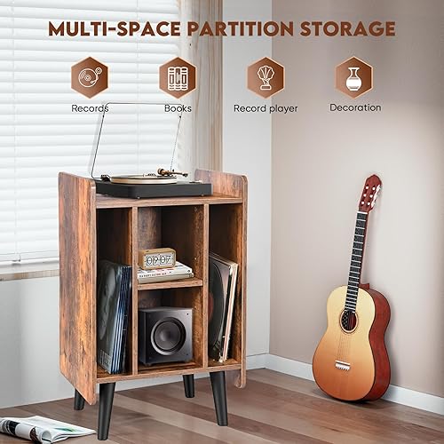 Miniatura 5 de Soporte para tocadiscos, tocadiscos con almacenamiento de vinilo, estante de audio, mesa de noche con patas de madera para dormitorio, sala de