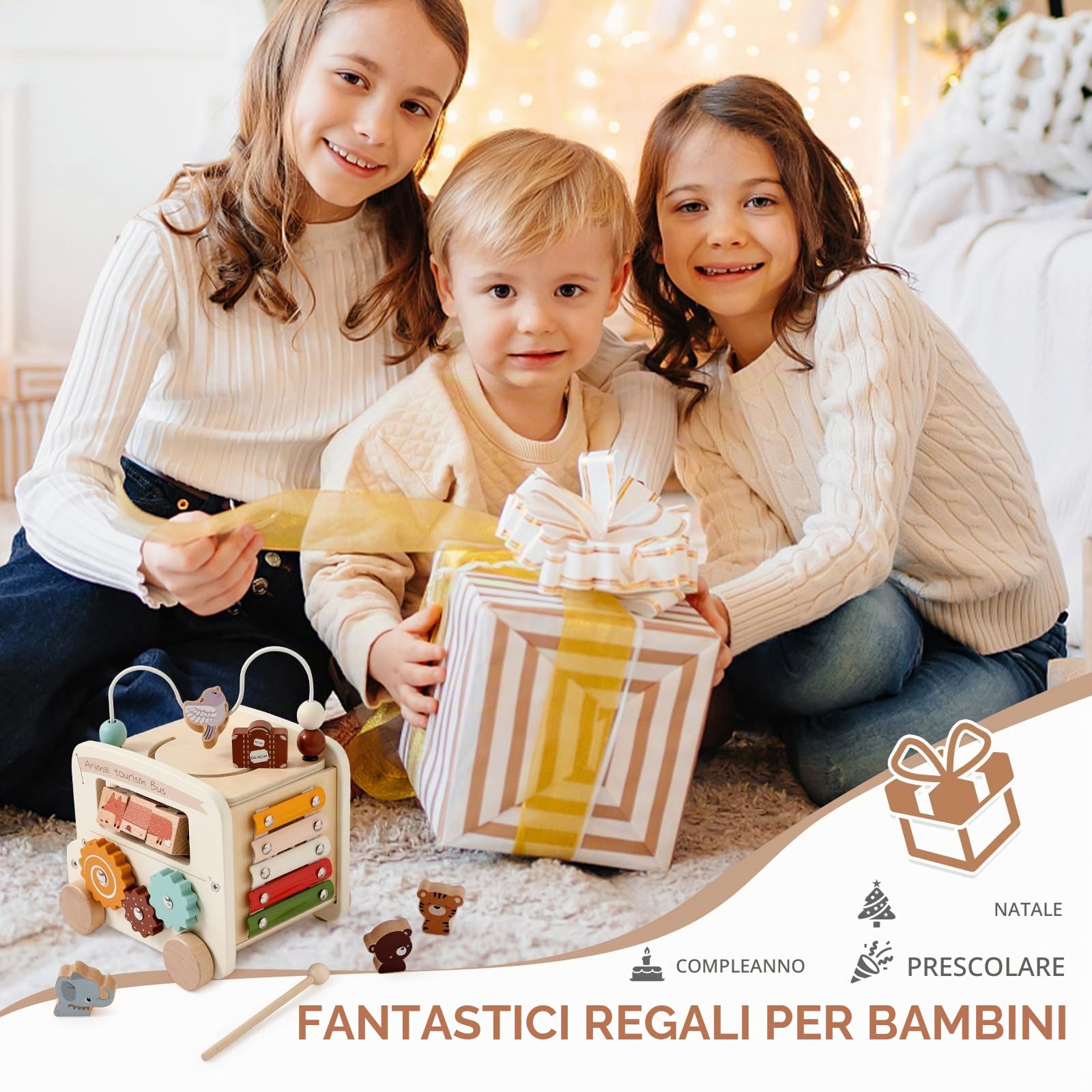 OESSUF Cubo Motore Baby Montessori 9 in 1 Autobus per 12 Mesi di Attività, Giocattolo in Legno per Bambini da 1 Anno, Regalo per Ragazze e Ragazzi