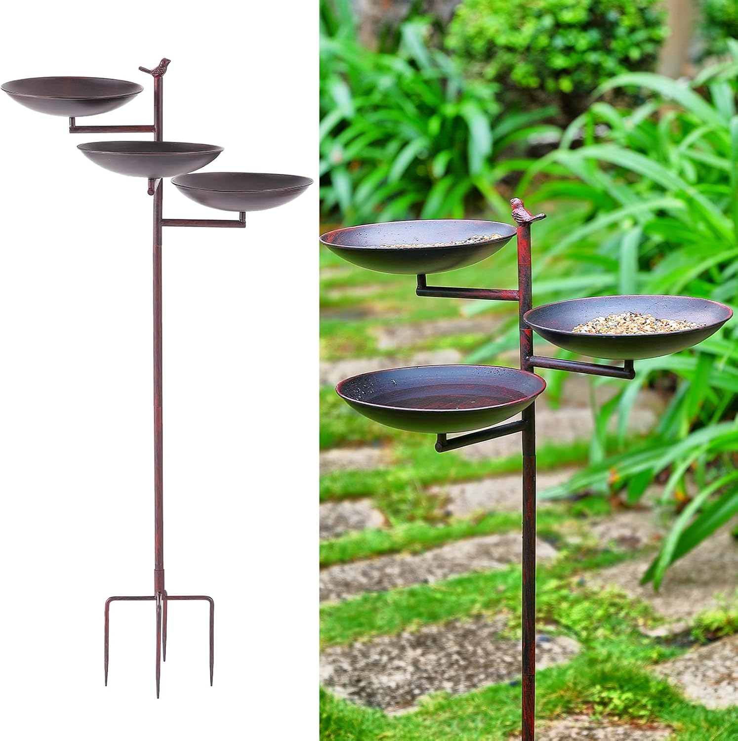 44" H Bird Bath and Feeder for Outside, 3 in 1 Metal Birdbaths for Outdoors, with 4-Prong Stake Base for Outdoors Yard Garden Patio, Black