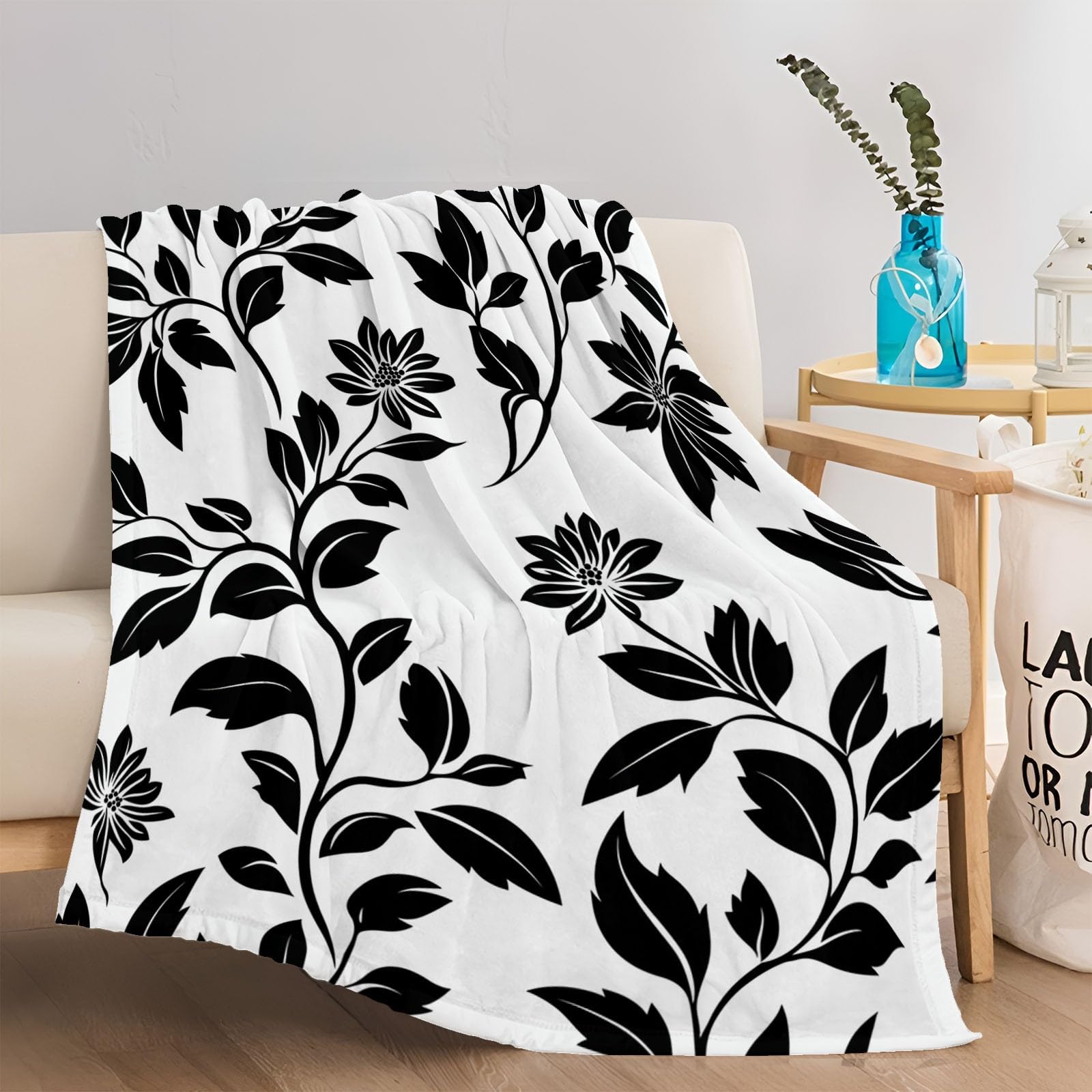 Koc polarowy 220 x 240 cm Pojedynczy koc w linie kwiaty 3D nadruk w kratę Czarny koc z mikrofibry Sherpa, miękki i wygodny gruby koc flanelowy