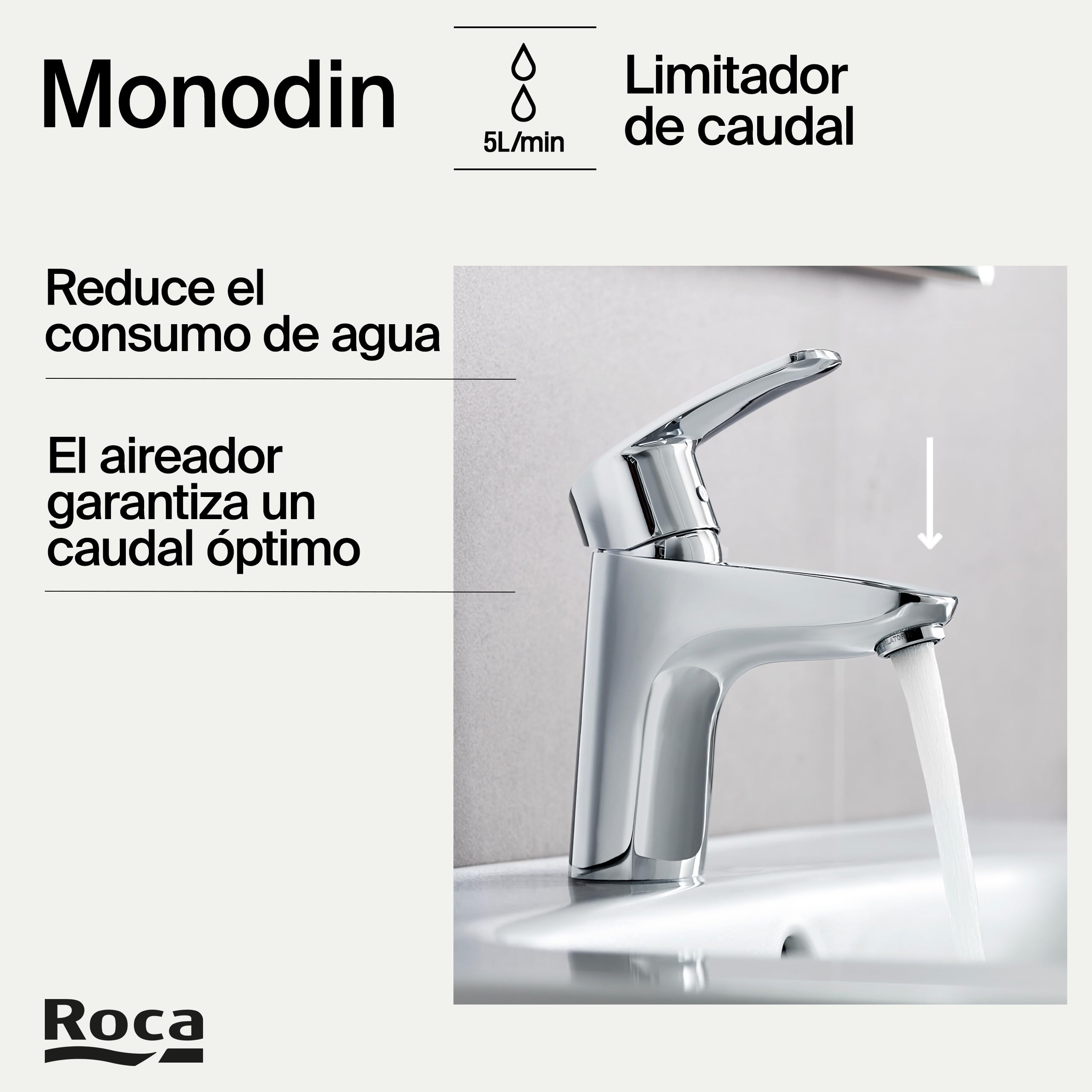Roca Monodin Grifería para lavabo con tecnología Cold Start, grifo monomando de repisa con enlaces de alimentación flexibles, mezclador de cuarto de baño de fácil instalación, cromado, A5A3298C00