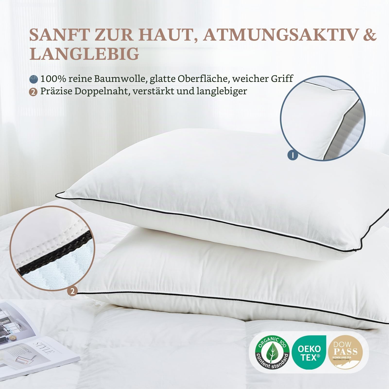 DWR Daunenkissen 80x80 cm (2 Stück) | 3-Kammer Kopfkissen | 90% weiße Gänsedaune Außen | Feder-Mischung Innen | 100% Bio-Baumwollbezug | Mittlere Unterstützung Schlafkissen | RDS und Oeko-TEX