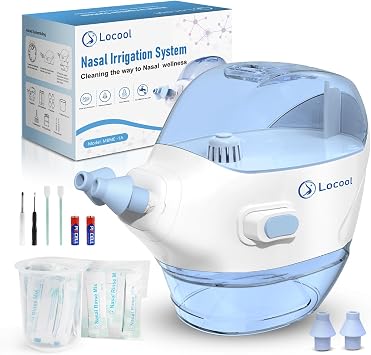 Electric Nasal Irrigation System, Sinus Rinse Machine with 50 Salt Packets - Blue and White