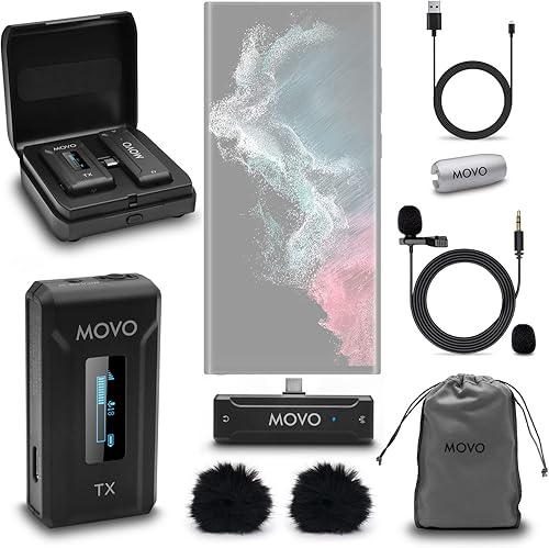 Movo WMX-2-C Micrófono inalámbrico para Android con estuche de carga, micrófono Bluetooth para micrófono de solapa Android, micrófono de solapa
