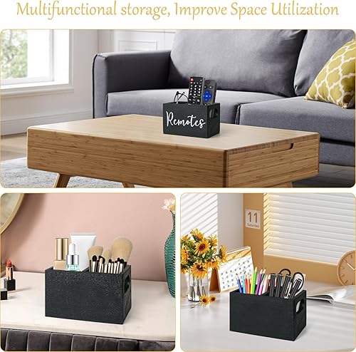 Miniatura 4 de Soporte para control remoto, soporte remoto de TV con 2 compartimentos, organizador remoto para mesa, caja de madera para mesita de noche, caja de