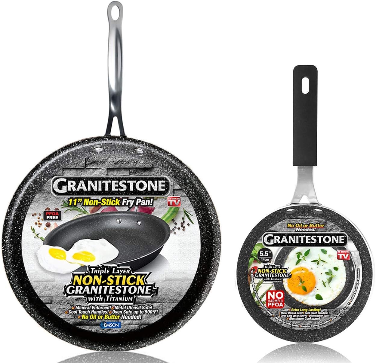 Granitestone Original 11 Nonstick Frying Pan with 5.5" Egg Omelette Pan, Nonstick Skillet Set, No-warp, Mineral-enforced, PFOA-Free, Oven Safe Dishwasher-safe Set Cookware As Seen On TV