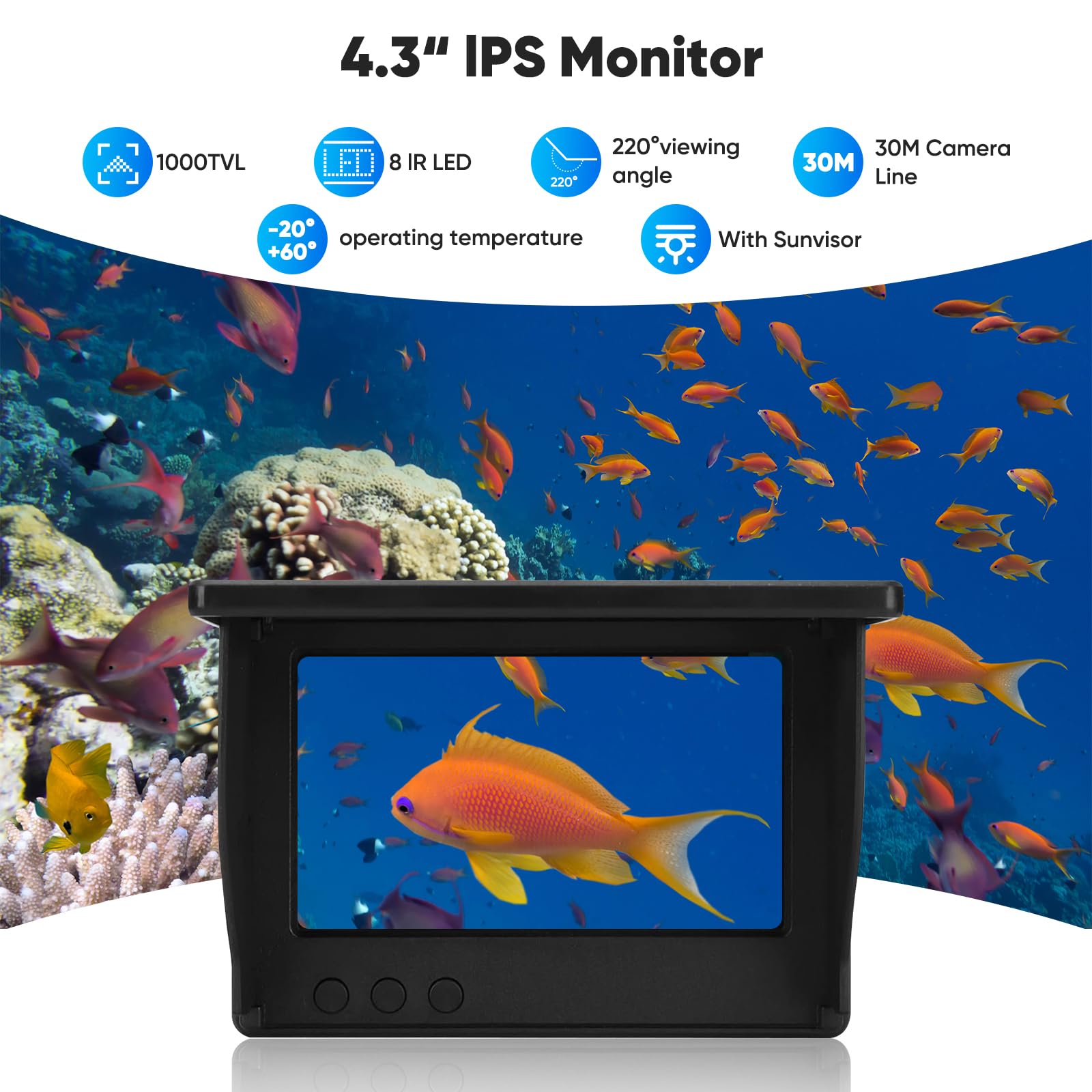 Fischfinder, Unterwasserkamera Angeln mit 4.3 Zoll IPS Display, 220° Weitwinkel Nachtsicht und 30m Kabel, IP67 Wasserdicht Fishfinder, HD-Kamera für Alle Gewässer Angelkamera für Angler und Abenteurer