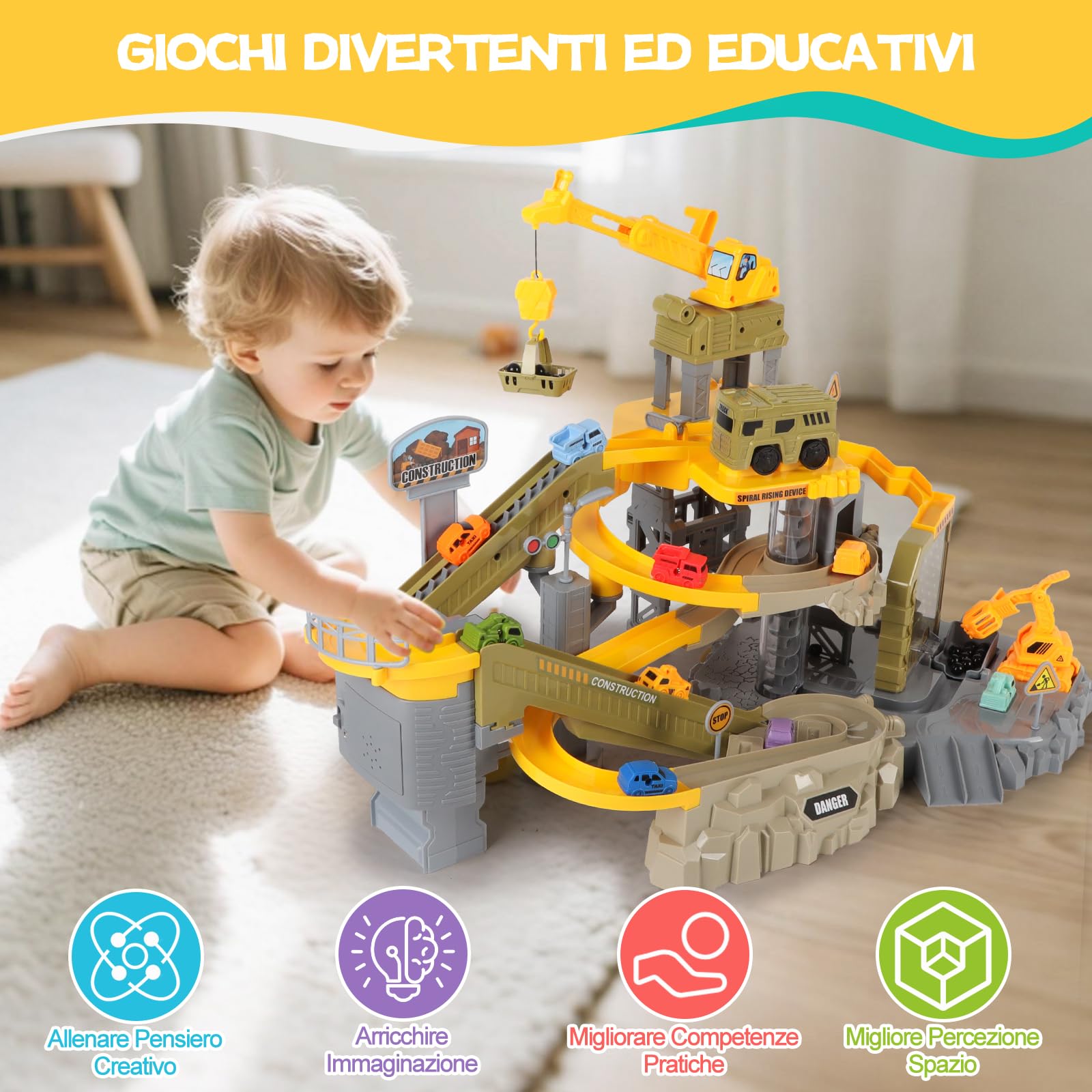 Charmofun Pista Macchinine Bambini, Costruzioni Giocattolo con 10 Auto Gru Camion Trasportatore, Macchine Pista Giocattoli Trattore Costruzione Set per Bambino 4 5 6 7 8 Anni