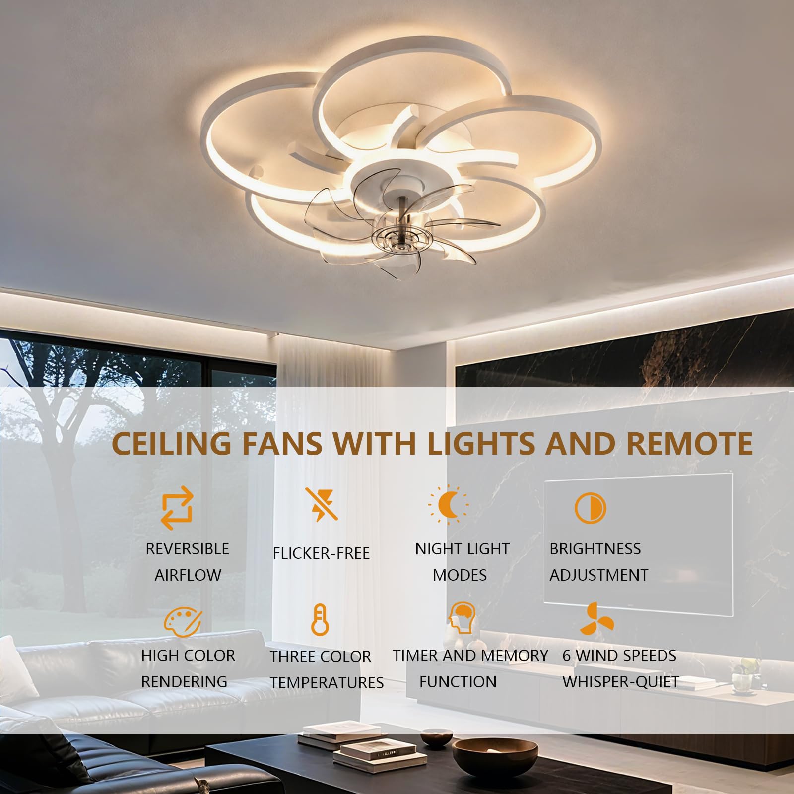 Ventilatore da Soffitto con Luce in Stile Moderno Lampadario Ventilatore con Telecomando Dimmerabile Plafoniera Ventilatore 6 Velocità Reversibile per Soggiorno, Bianco