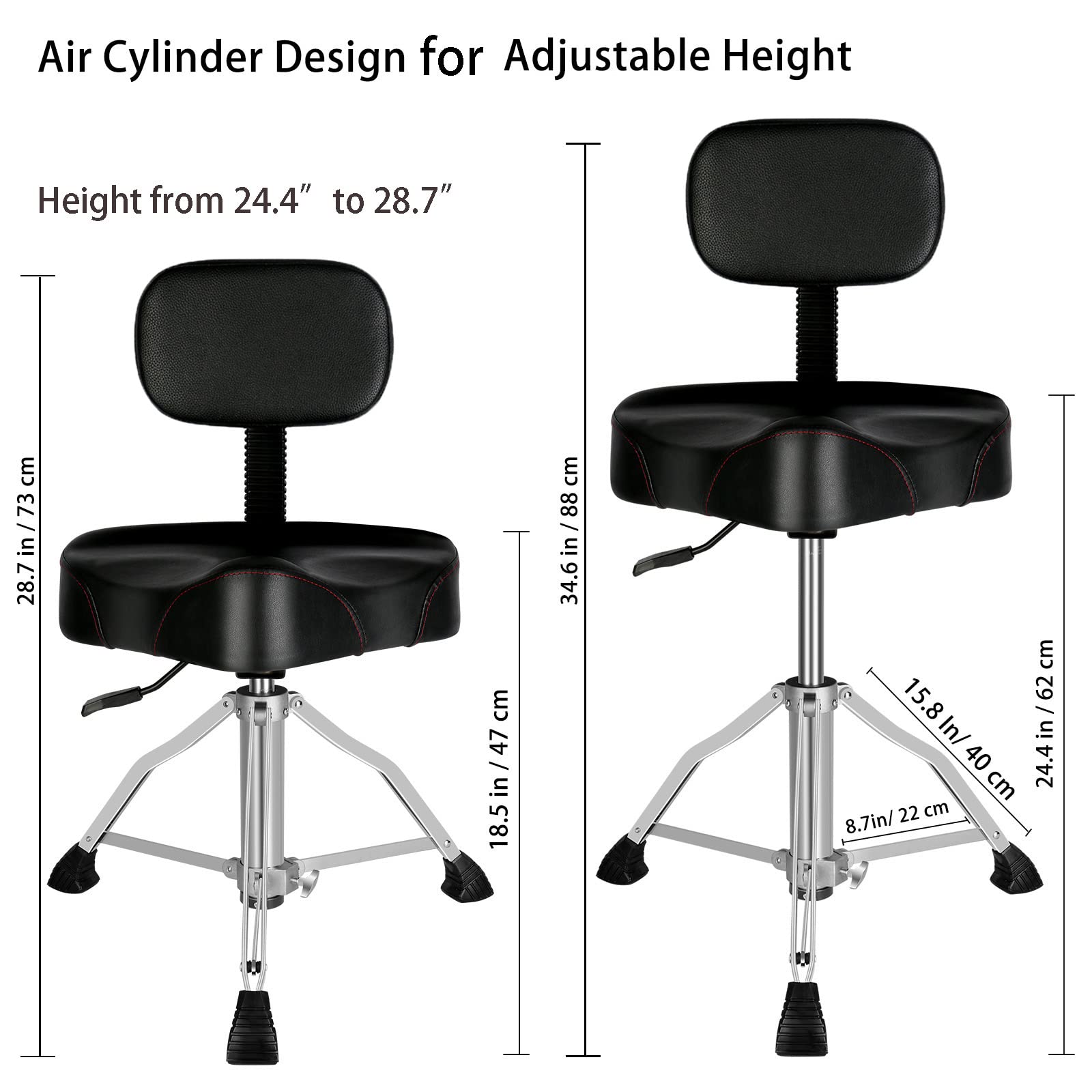 EASTROCK Drum Throne with Backrest Airlift Drum Chair Height Adjustable Motorcycle Style Heavy Duty Drum Seat with Backrest, Drum Stools with Back Rest for Drummer Adults