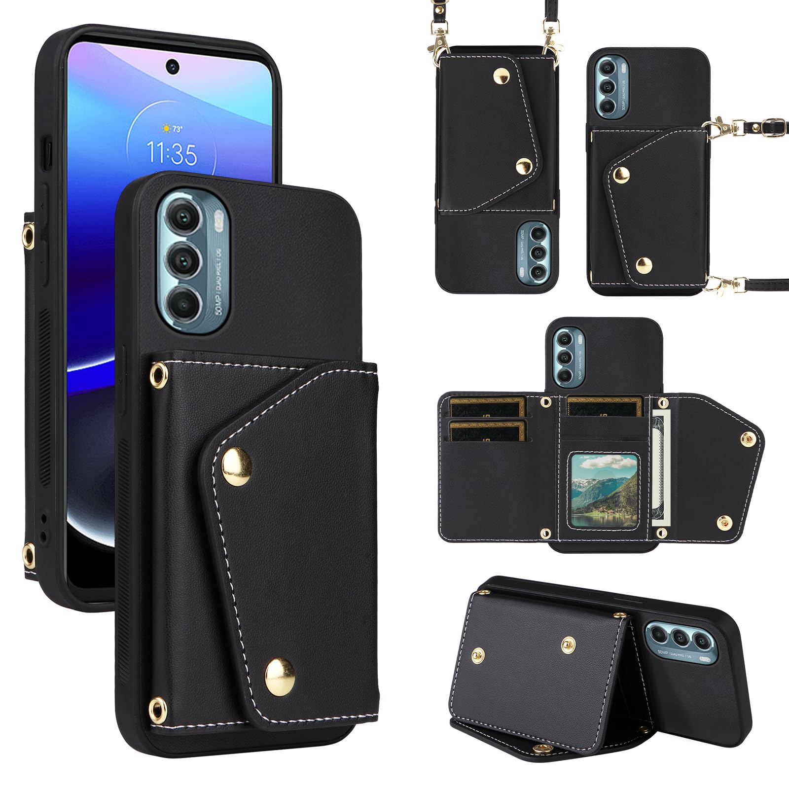 Dibosom Luxury Wallet Case for Motorola Moto G Stylus 5G 2022 with 5 Card Slots Thin Slim Flip Purse & Shoulder Strap,Credit Card Holder Stand Phone