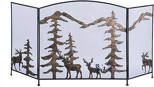 Miniatura 4 de Pantallas para chimenea, diseño de ciervos de árbol, 3 paneles de hierro forjado, puerta de pie con cubierta de malla de metal sólido, plegable