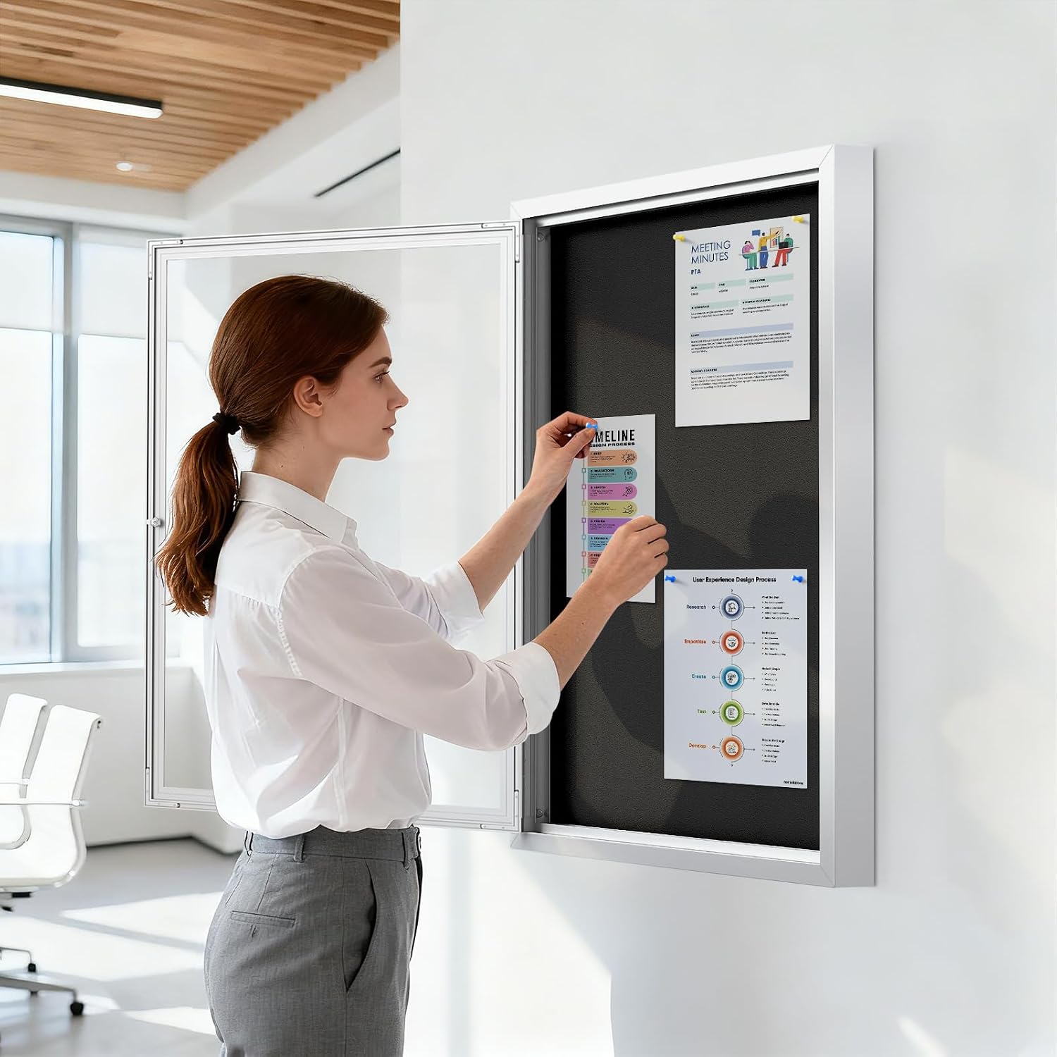 SWANCROWN Outdoor Bulletin Board Weatherproof 36x24in, Enclosed Bulletin Board with Locking Door Wall Display Case for Office School Commerce Show, Black Felt, Sliver Aluminum Frame