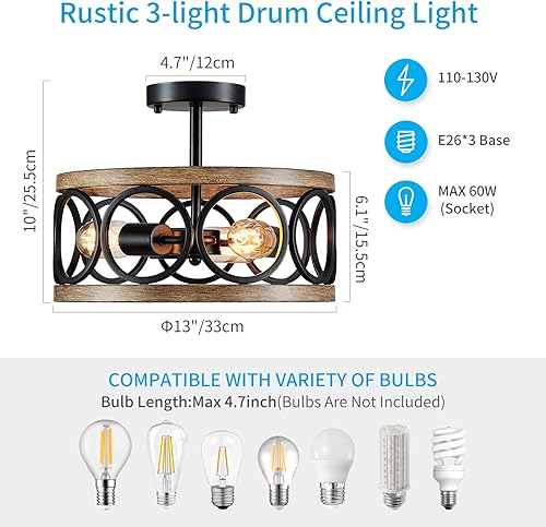 Miniatura 2 de XINGQI Lámpara de techo de granja de 3 luces de 13 pulgadas de tambor moderno semiempotrado, lámpara de techo rústica redonda de metal con acabado