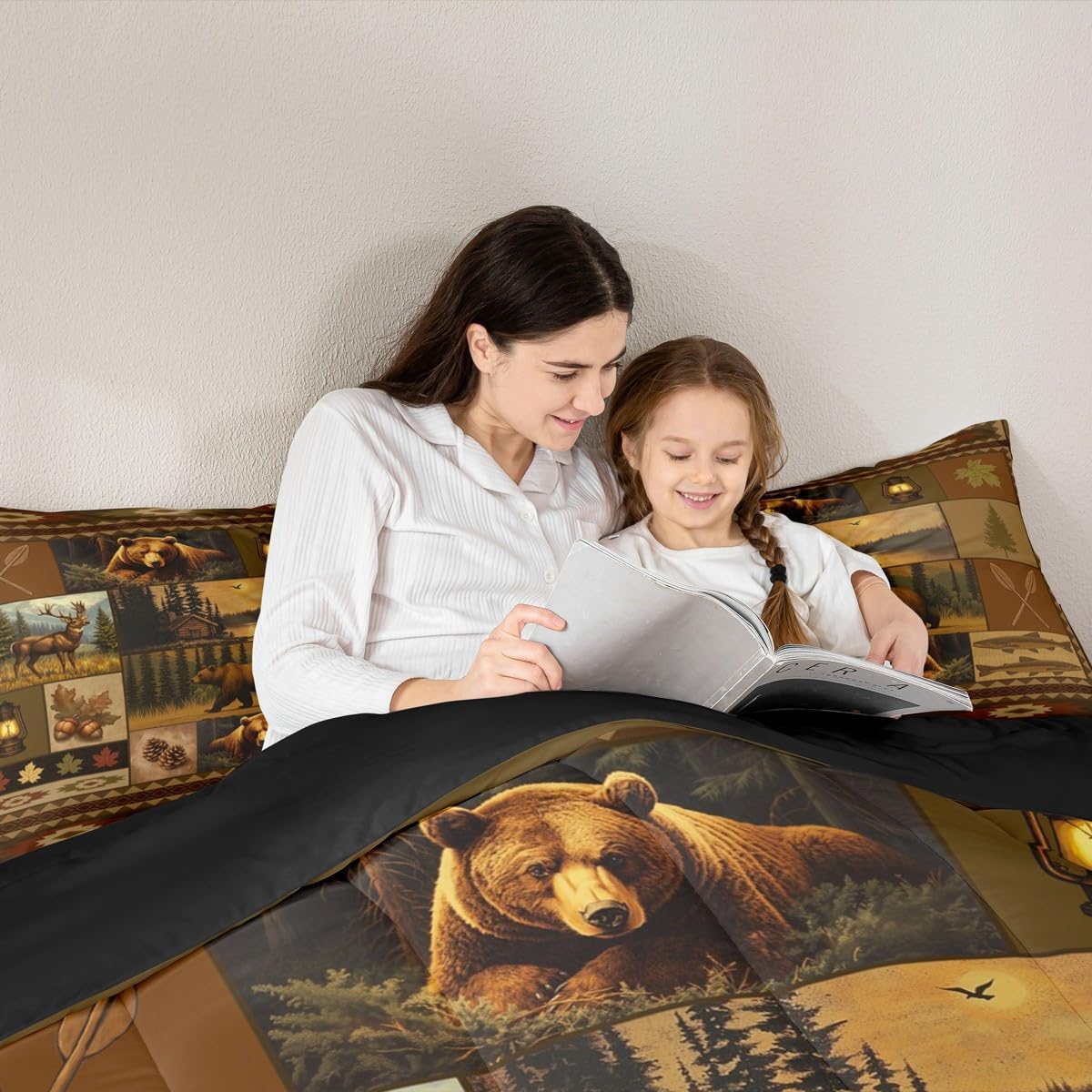 Feelyou Rustic Bear Bedding Set Soft for Boys Girls, Wildlife Hunting Comforter Set Queen Size Farmhouse Country Duvet Quilt Microfiber Cabin Lodge Bedroom Decor 3 Pcs with 2 Pillow Cases