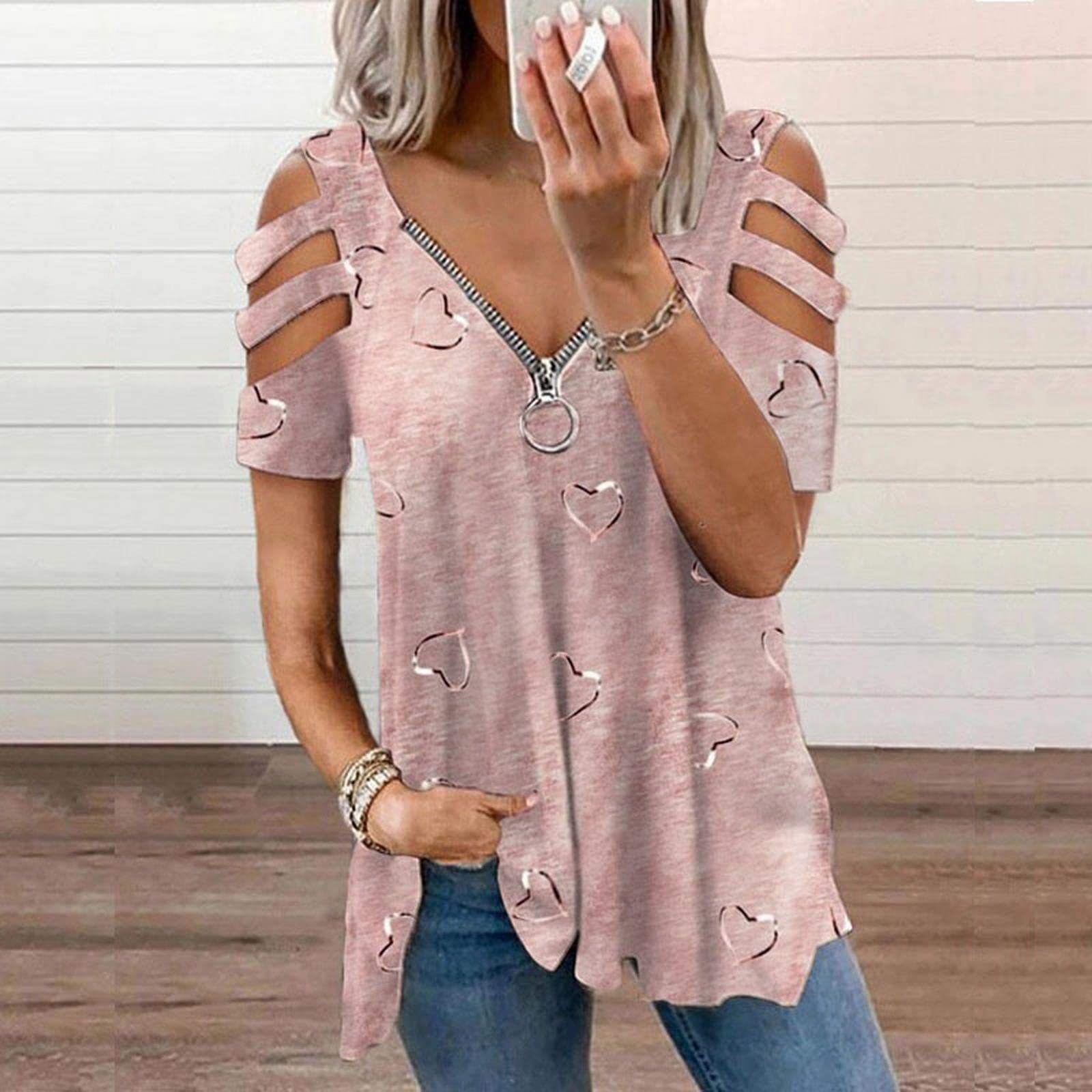 MOGSA T-shirt Estate Donna Oversize T-Shirt Cuore Stampa Spalla Aperta Manica Corta Top Femminile Plus Size Abbigliamento Donna