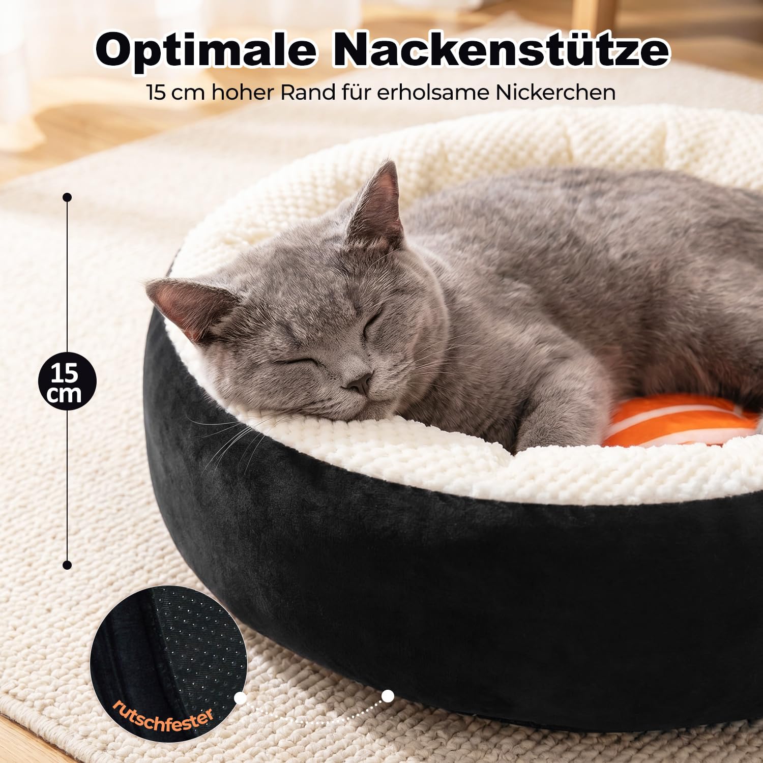 Katzenbett, Hundebett Kleine Hunde, Katzenkissen, 53x53x15cm | Waschbar & Pflegeleicht, Sushi-Korb mit Hohem Rand, Super Flauschig & Weich, Passend für Große Katzen + Kleine Hunde