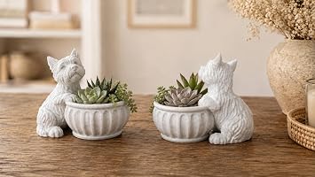 MunnyGrubbers - West Highland Terrier Planter 2 Pack, Westie Cute Dog Figurine Plant Pot, Plastic, with Drainage Hole, Home Decor - Marble