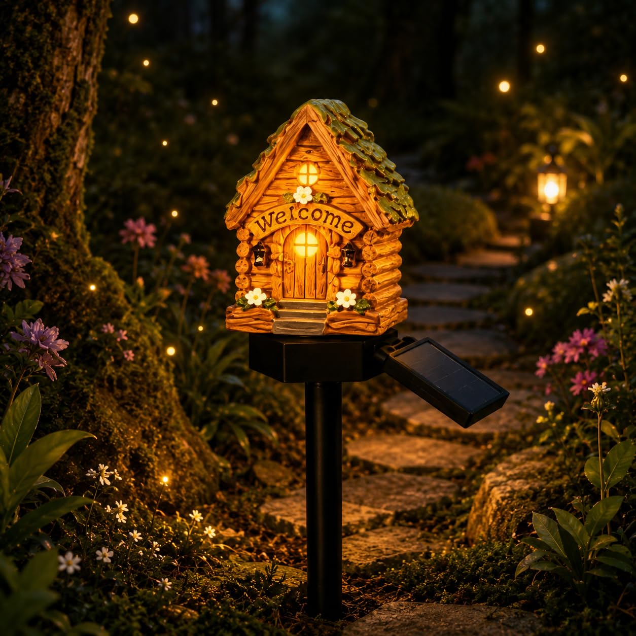 Solar Fairy-Tale Mushroom Cottage Garden Light,Waterproof LED Outdoor Mushroom House Statue Decor Lamp,Resin Cottage Garden Stake Lights,Auto On/Off Landscape Pathway Light for Yard Lawn Flower Bed