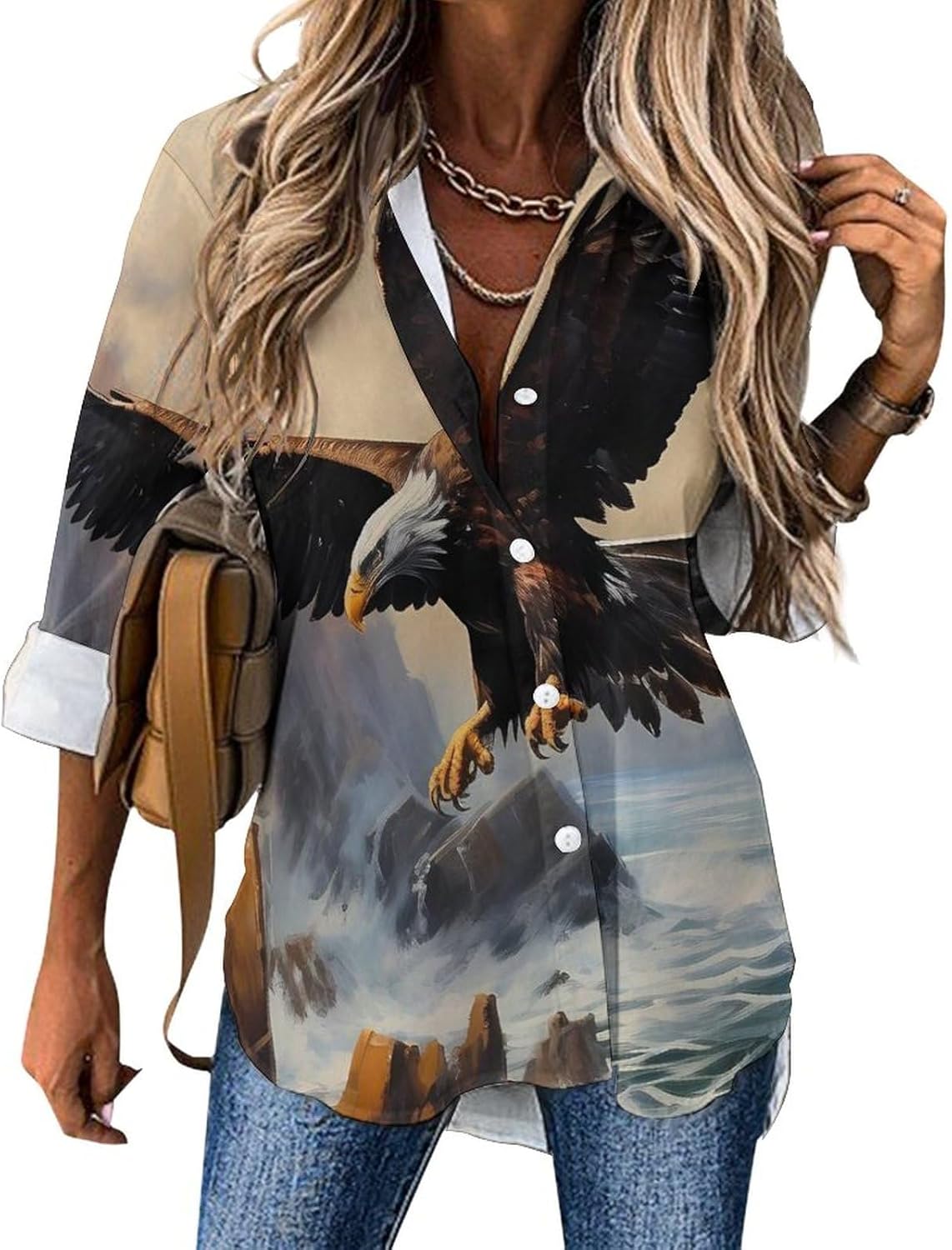 Bald Eagle Women's Long Sleeve Shirt Irregular Hem Casual Top V Neck Tees Blouse for Travel Beach