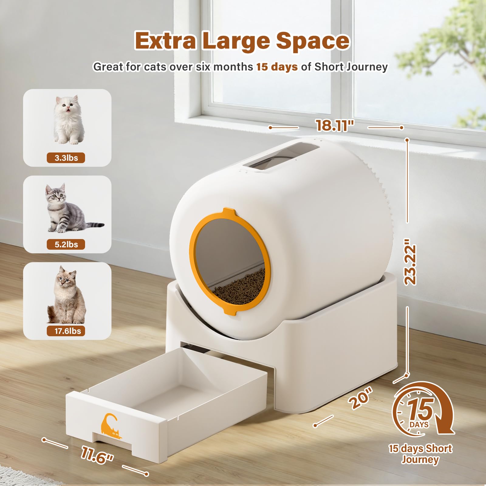 Automatic Self Cleaning Cat Litter Box, 75 L Large Capacity Smart Litter Box with Safety Sensors 1 Roll Trash Bags Included Whisper Quiet Cat Litter Box with App Remote Control for Multi Cats, White - image 2