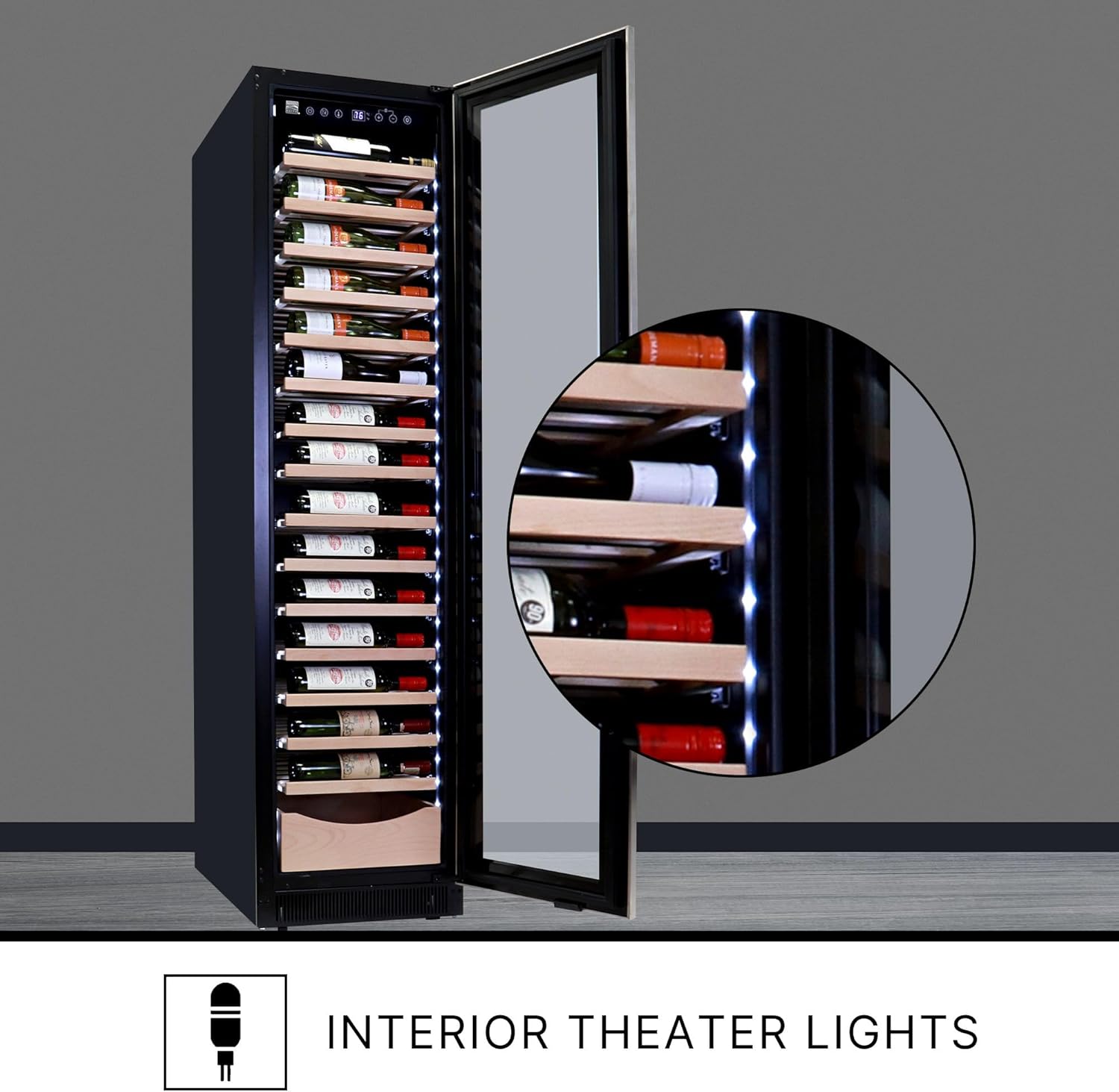 Interior view of the wine cooler with LED lights on