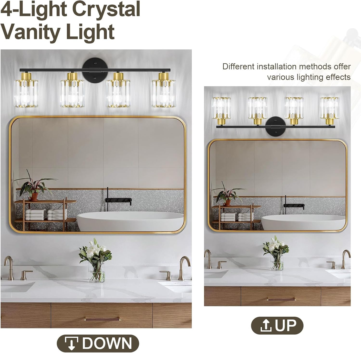 Crystal Bathroom Light Fixtures, Bathroom Lighting Fixtures Over Mirror, Modern Black Gold 4-Light Vanity Lights for Mirror, Restroom, Bedroom (Ceramic E26 Socket,Bulbs Not Include)