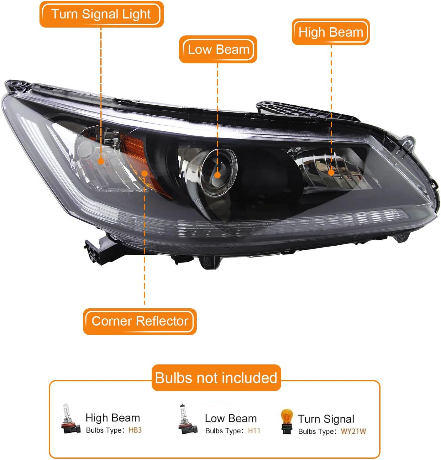 Headlight with LED DRL Compatible with 2013 2014 2015 Honda Accord Halogen Headlamp Replacement Driver & Passenger Side
