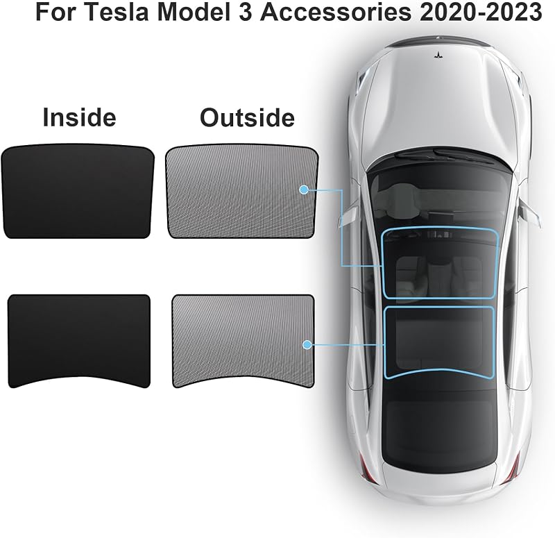 ShowEv Tesla Model 3 Napvédő Tető Árnyékoló - Összehajtható Napfénytető Árnyékoló Első és Hátsó Ablakokhoz - Fekete Autó Kiegészítő 2020-2023