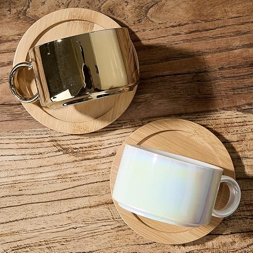 Miniatura 5 de LUKA Taza de café expreso de porcelana con platillos y soporte de metal, 6 onzas, apilables, de cerámica, demitasse, juego de tazas de capuchino