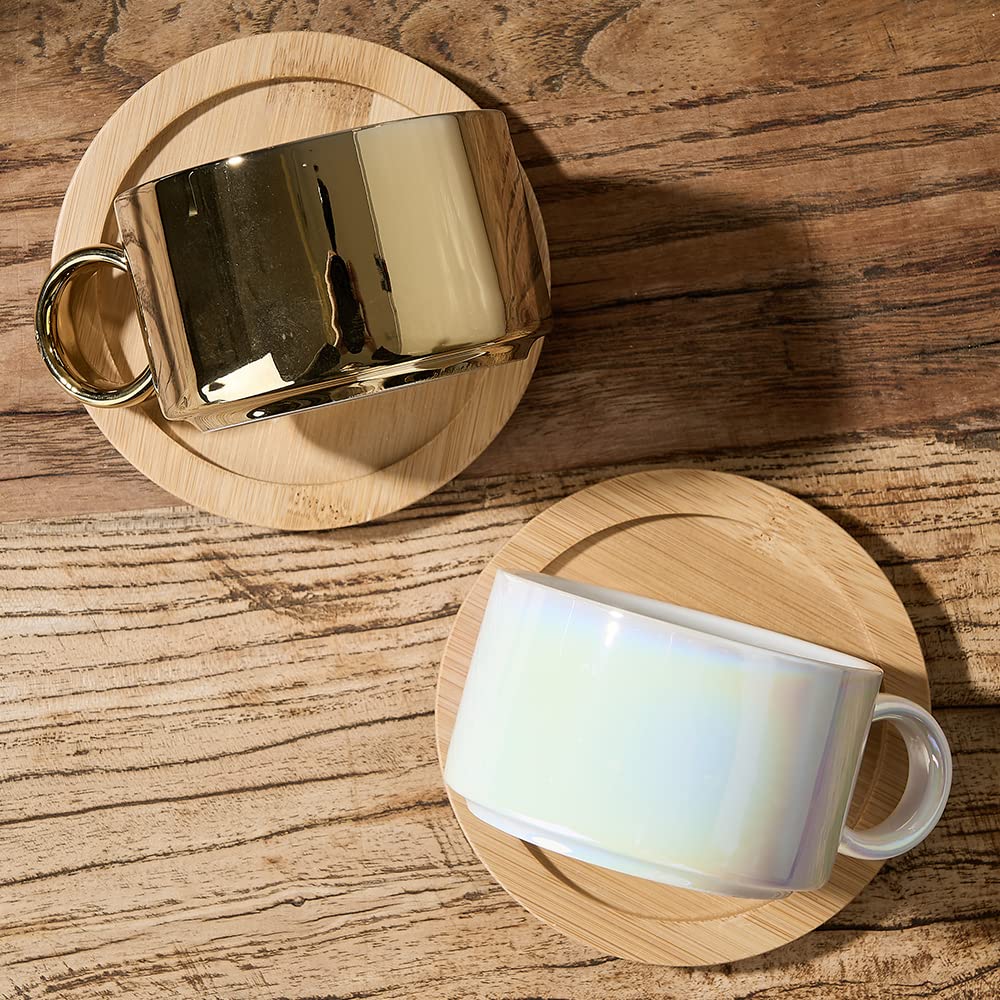 LUKA Porzellan-Espressotasse mit Untertassen und Metallständer, stapelbare Keramik-Demitasse-Espressotassen, Cappuccino-Tassen für Latte, Kaffee, Café, Mokka, Tee, 170 ml, schimmerndes Gold, 4 Stück