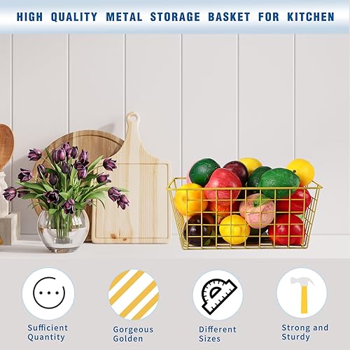 Miniatura 4 de Leinuosen Juego de 8 cestas de alambre dorado de metal dorado para despensa, contenedores de almacenamiento de alambre con asas, cesta organizadora