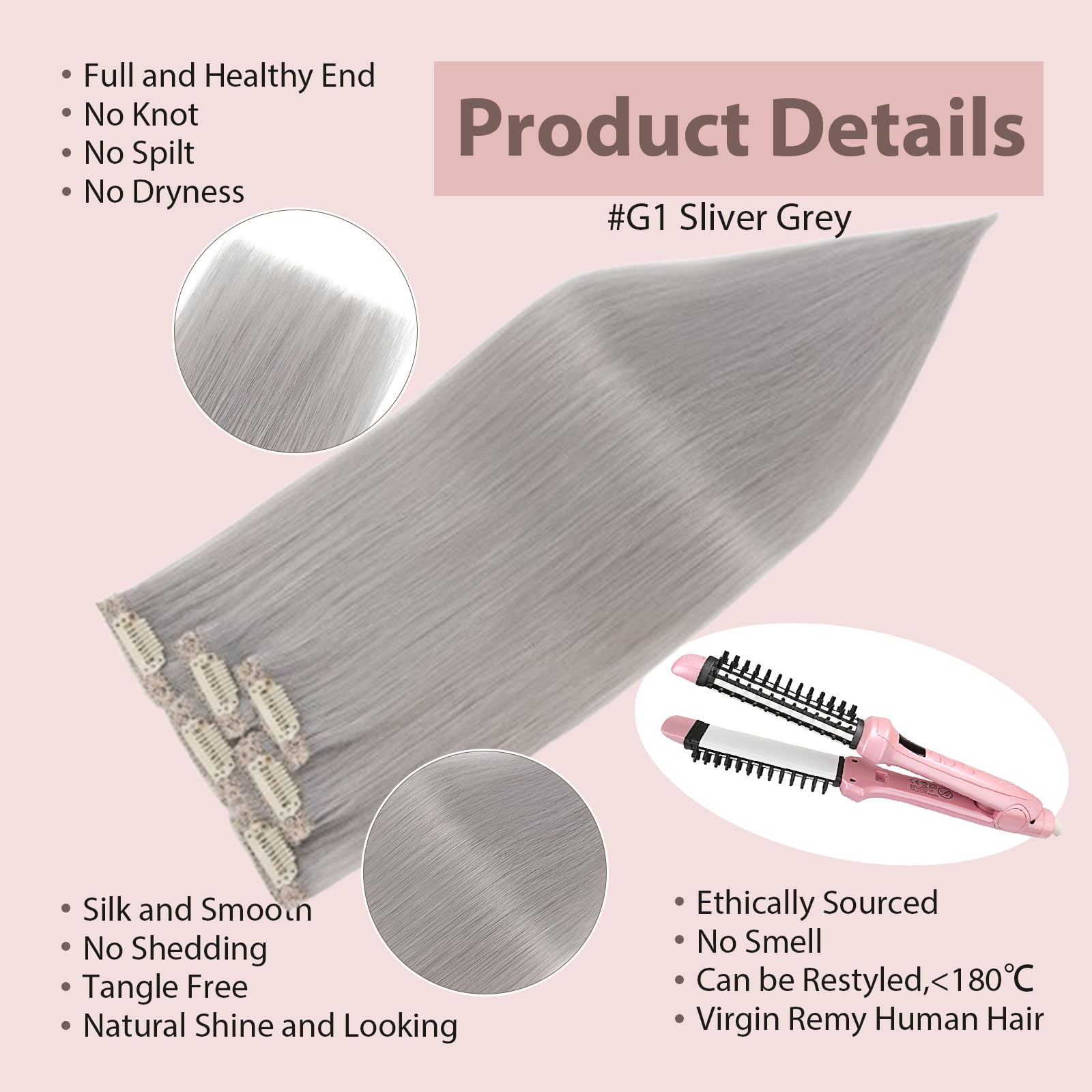 Silk-co Clip in Hair Extensions Real Human Hair Extension Double Weft With Lace Coverd Clip in Silky Straight 100% Natural Very Thin Highlight efffect for Women 6PCS 6Clip 12Inch #Sliver Grey 33g - Image 4