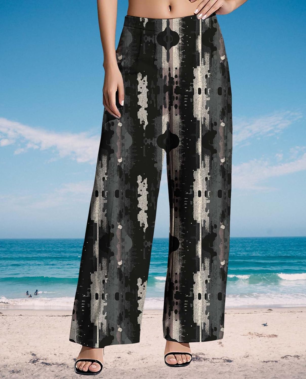 Womens Wide Leg Pants Plus Size High Waisted Pattern Print Lounge Trousers Classic Basic Comfy Work Office Pant - Image 3