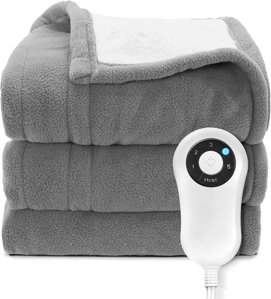 Cobertor elétrico aquecido, tamanho 127 cm × 152 cm, cobertor quente de lã polar e sherpa, 5 níveis de aquecimento, desligamento automático em 4 horas, cinza