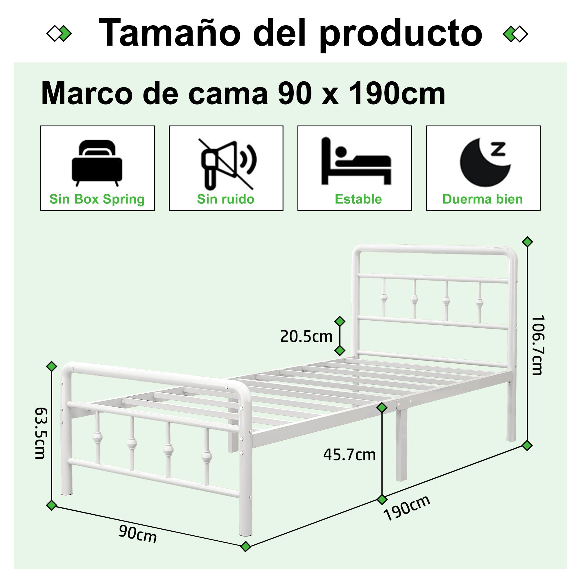 EMODA Camas Individuales 90 x 190 cm con cabecero y piecero, Marco de Cama de Metal con Soporte de Lamas de Acero, Altura 46 cm, Montaje Fácil, Libre de Ruidos, Blanco
