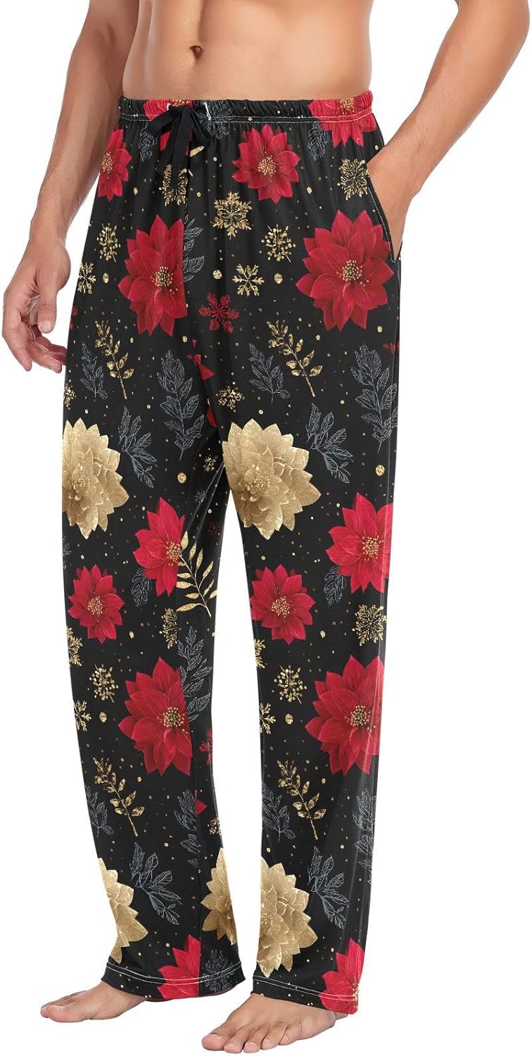 ALAZA Christmas Poinsettia Flowers Men's Pajama Pants Men Cotton Pajama Bottoms with Pockets, S